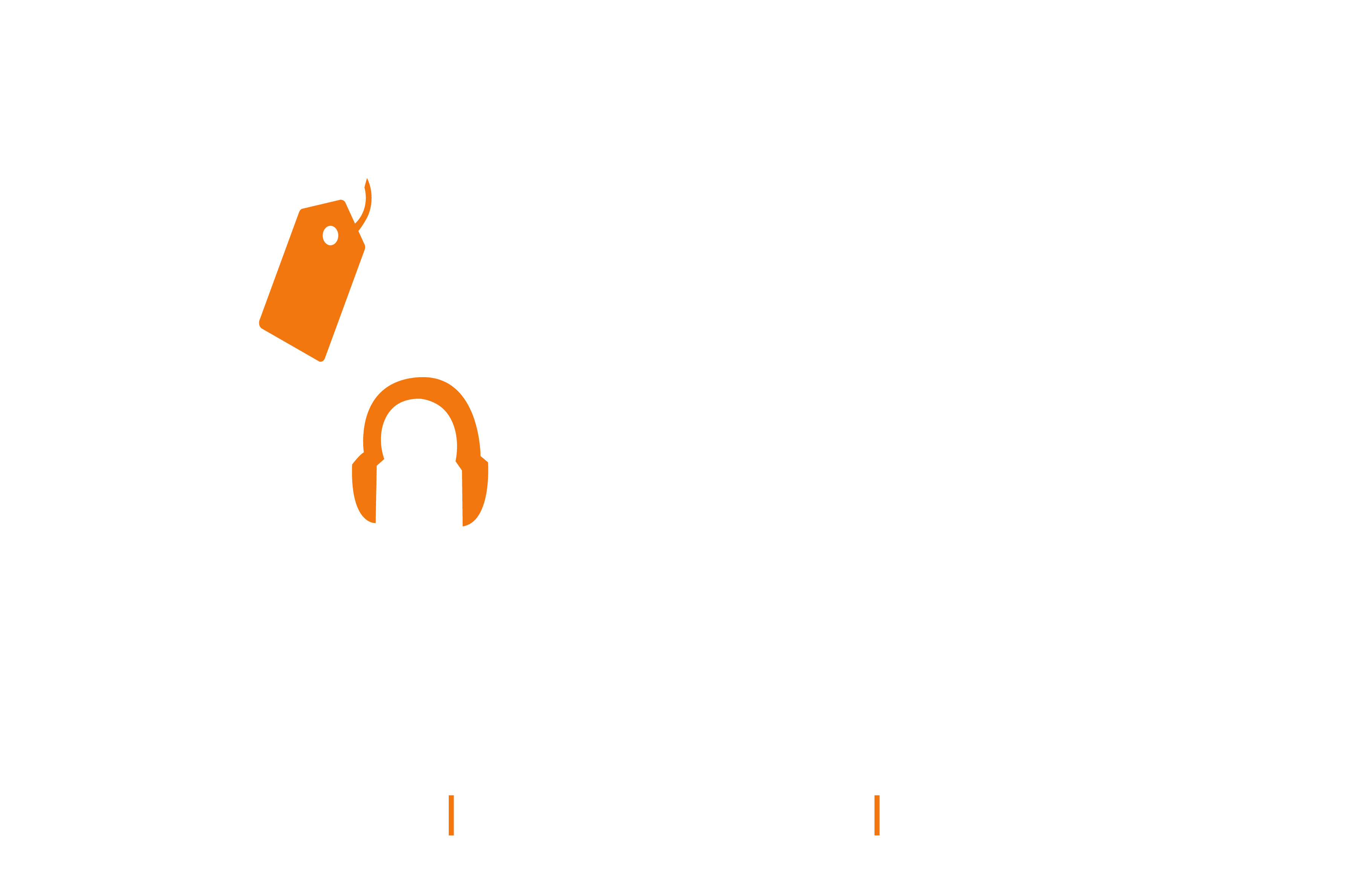 Campus Hustle white and orange logo with tagline for dark backgrounds